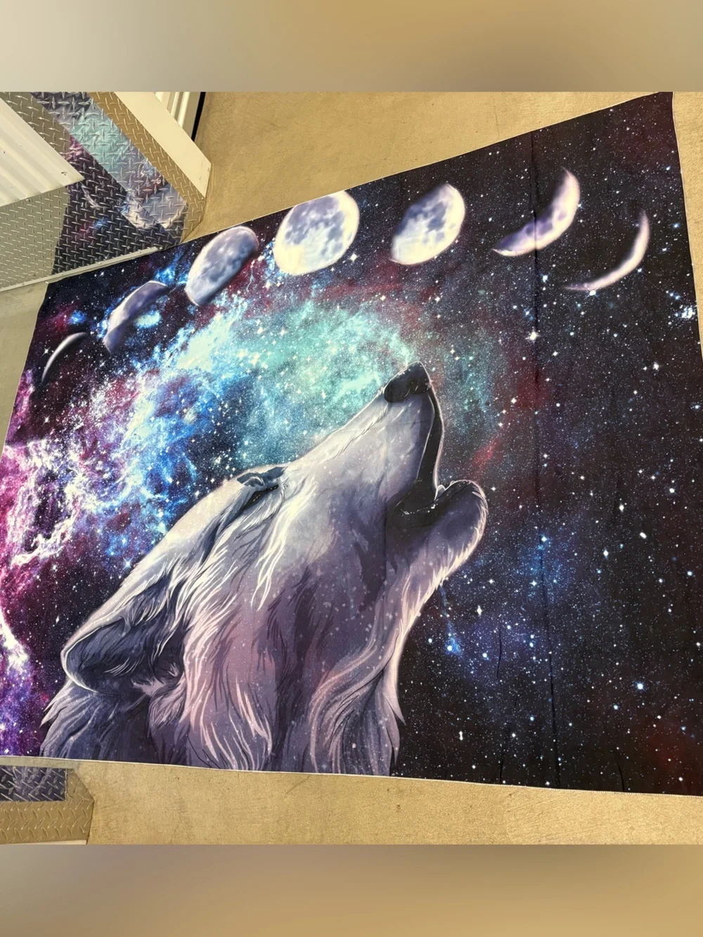 Mystic Wolf Galaxy Moon Cycle Wall Tapestry